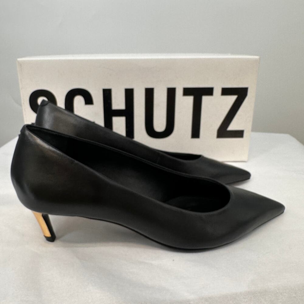 SCHUTZ New in Box Lou Mid Curve Pump Heel Black Leather with Gold Heel // 6 - Picture 2 of 9